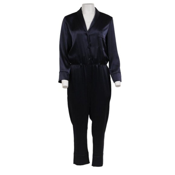 Nanushka Womens Jumpsuit Large Navy Blue Tech Satin Romper Wide Leg Pocket - Picture 1 of 16